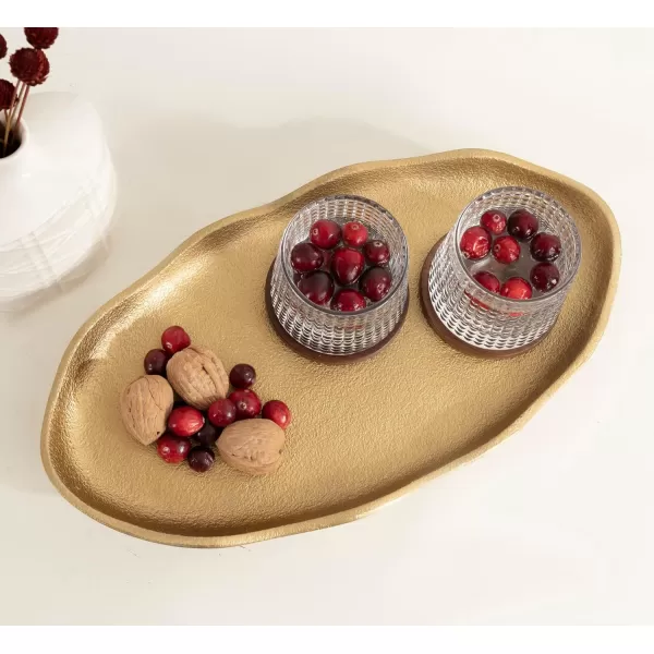 Kate and Laurel Alessia Modern Decorative Scalloped Oval Footed Metal Tray 14 x 8 Bronze Transitional FoodSafe Cast Aluminum Pedestal Tray with Rough Texture and Deckled EdgeGold