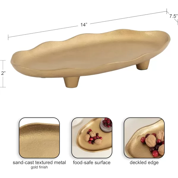 Kate and Laurel Alessia Modern Decorative Scalloped Oval Footed Metal Tray 14 x 8 Bronze Transitional FoodSafe Cast Aluminum Pedestal Tray with Rough Texture and Deckled EdgeGold