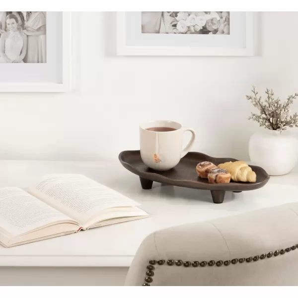 Kate and Laurel Alessia Modern Decorative Scalloped Oval Footed Metal Tray 14 x 8 Bronze Transitional FoodSafe Cast Aluminum Pedestal Tray with Rough Texture and Deckled EdgeBronze