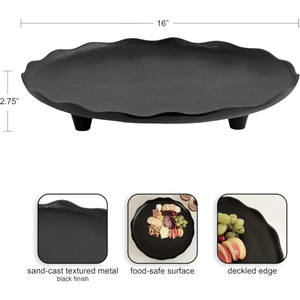 Kate and Laurel Alessia Modern Decorative Scalloped Round Footed Metal Tray 16 Inch Diameter Gold FoodSafe Cast Aluminum Pedestal Transitional Tray with Rough Texture and Deckled EdgeBlack
