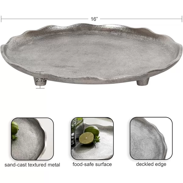 Kate and Laurel Alessia Modern Decorative Scalloped Round Footed Metal Tray 16 Inch Diameter Gold FoodSafe Cast Aluminum Pedestal Transitional Tray with Rough Texture and Deckled EdgeSilver