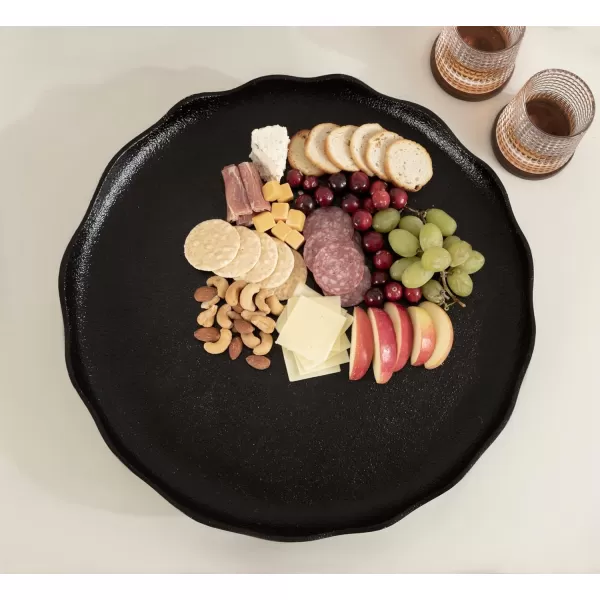 Kate and Laurel Alessia Modern Decorative Scalloped Round Footed Metal Tray 16 Inch Diameter Gold FoodSafe Cast Aluminum Pedestal Transitional Tray with Rough Texture and Deckled EdgeBlack