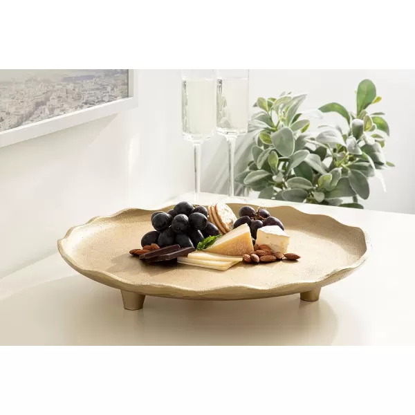 Kate and Laurel Alessia Modern Decorative Scalloped Round Footed Metal Tray 16 Inch Diameter Gold FoodSafe Cast Aluminum Pedestal Transitional Tray with Rough Texture and Deckled EdgeGold