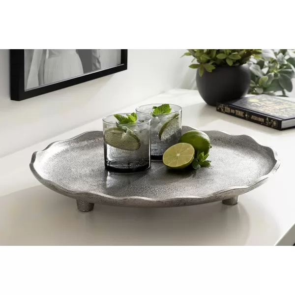 Kate and Laurel Alessia Modern Decorative Scalloped Round Footed Metal Tray 16 Inch Diameter Gold FoodSafe Cast Aluminum Pedestal Transitional Tray with Rough Texture and Deckled EdgeSilver