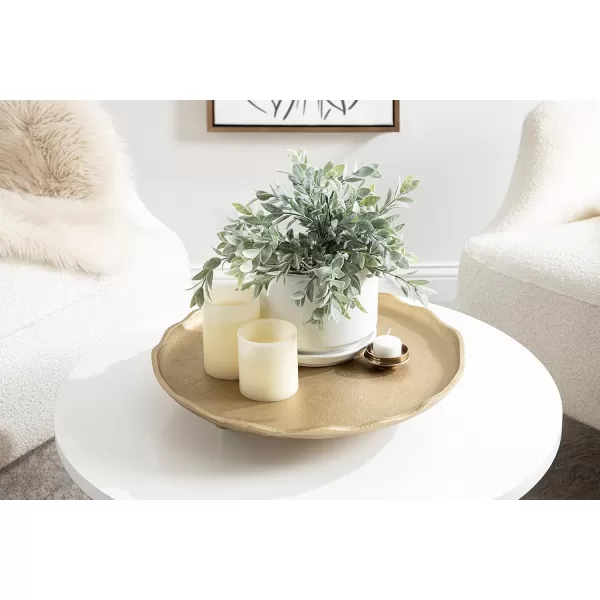 Kate and Laurel Alessia Modern Decorative Scalloped Round Footed Metal Tray 16 Inch Diameter Gold FoodSafe Cast Aluminum Pedestal Transitional Tray with Rough Texture and Deckled EdgeGold