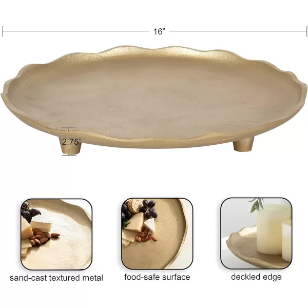 Kate and Laurel Alessia Modern Decorative Scalloped Round Footed Metal Tray 16 Inch Diameter Gold FoodSafe Cast Aluminum Pedestal Transitional Tray with Rough Texture and Deckled EdgeGold