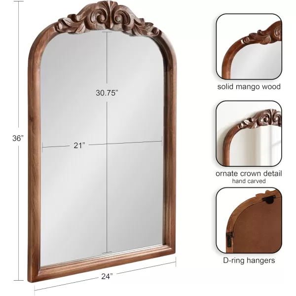 Kate and Laurel Arendahl Traditional Arch Wall Mirror 24 x 36 Natural Wood Vintage BaroqueInspired Wooden Arched Bathroom Mirror for Over Sink with Ornate Carved CrownWalnut Brown