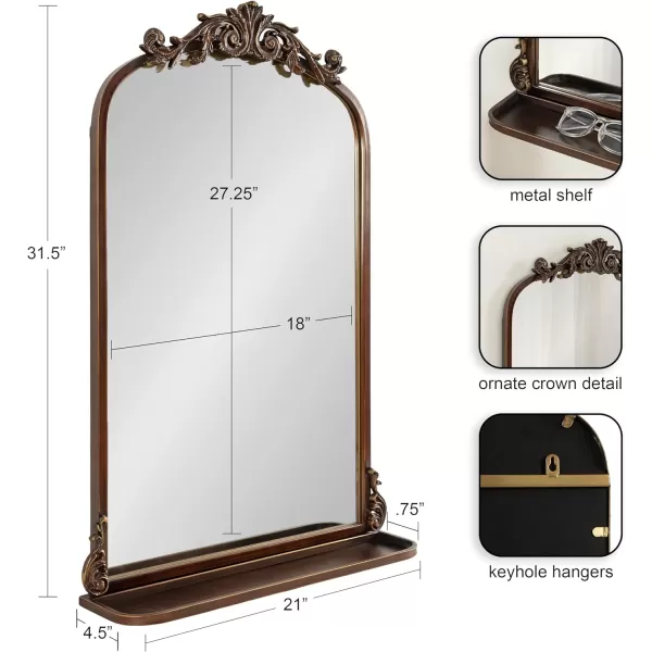 Kate and Laurel Arendahl Traditional Vintage Arch Mirror with Shelf 21 x 32 Gold Baroque Antique Arched Wall Mirror with Functional Shelf and Ornate FrameBronze