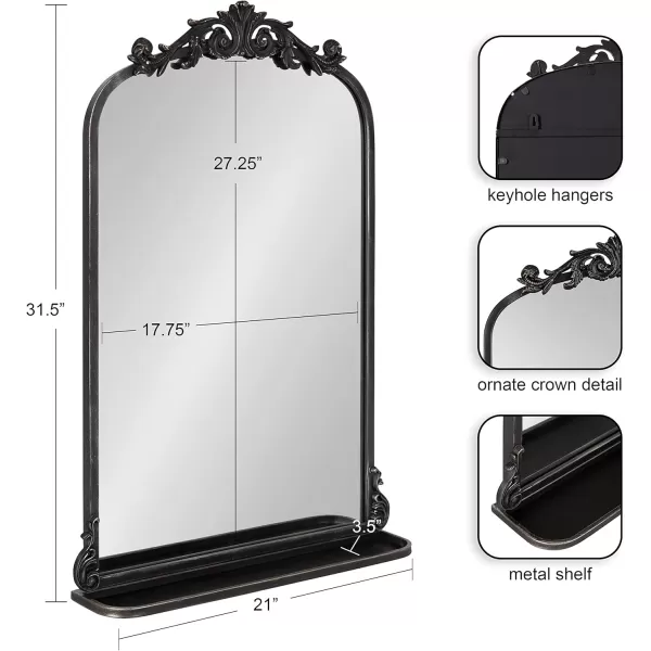 Kate and Laurel Arendahl Traditional Vintage Arch Mirror with Shelf 21 x 32 Gold Baroque Antique Arched Wall Mirror with Functional Shelf and Ornate FrameBlack