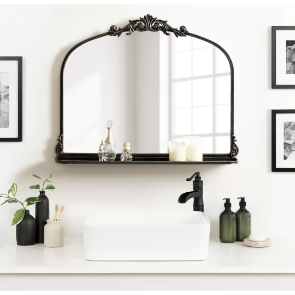 Kate and Laurel Arendahl Traditional Vintage Arch Mirror with Shelf 21 x 32 Gold Baroque Antique Arched Wall Mirror with Functional Shelf and Ornate FrameBlack