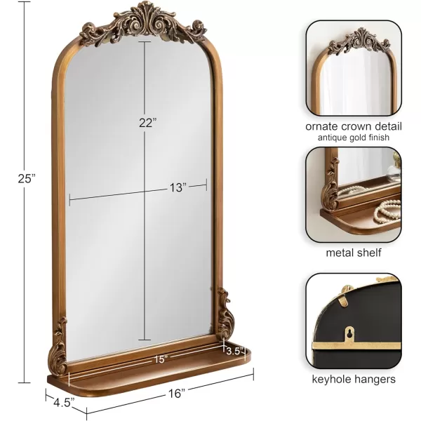 Kate and Laurel Arendahl Traditional Vintage Arch Mirror with Shelf 21 x 32 Gold Baroque Antique Arched Wall Mirror with Functional Shelf and Ornate FrameGold