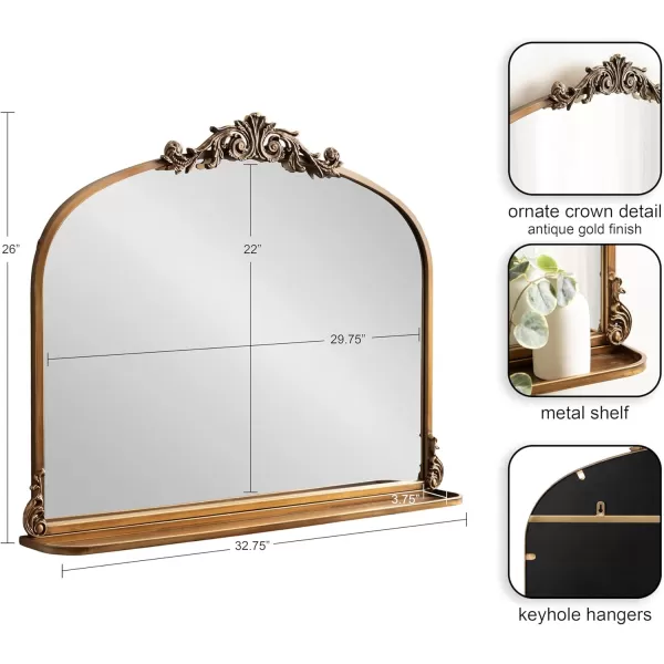 Kate and Laurel Arendahl Traditional Vintage Arch Mirror with Shelf 21 x 32 Gold Baroque Antique Arched Wall Mirror with Functional Shelf and Ornate FrameGold