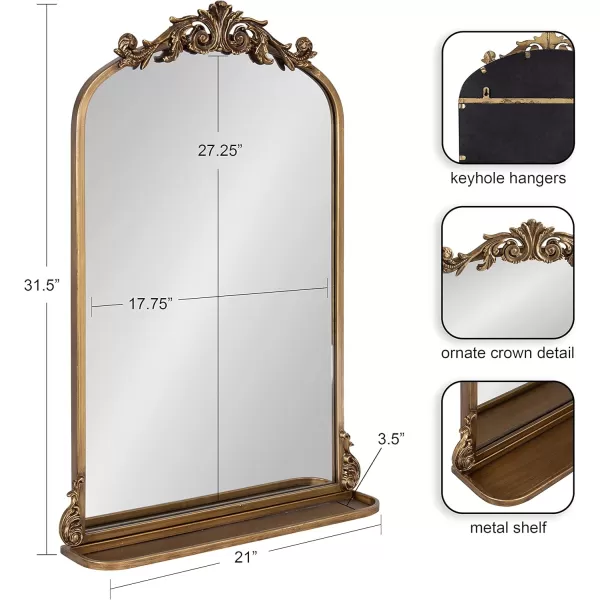 Kate and Laurel Arendahl Traditional Vintage Arch Mirror with Shelf 21 x 32 Gold Baroque Antique Arched Wall Mirror with Functional Shelf and Ornate FrameGold