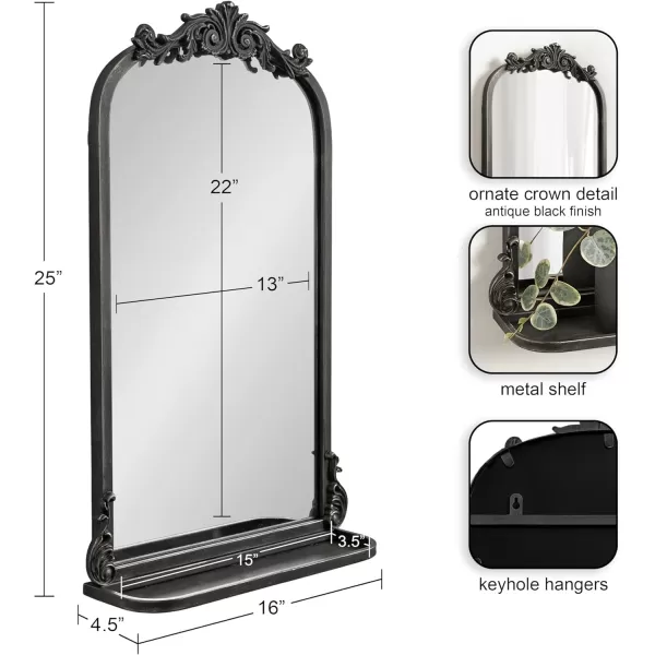 Kate and Laurel Arendahl Traditional Vintage Arch Mirror with Shelf 21 x 32 Gold Baroque Antique Arched Wall Mirror with Functional Shelf and Ornate FrameBlack