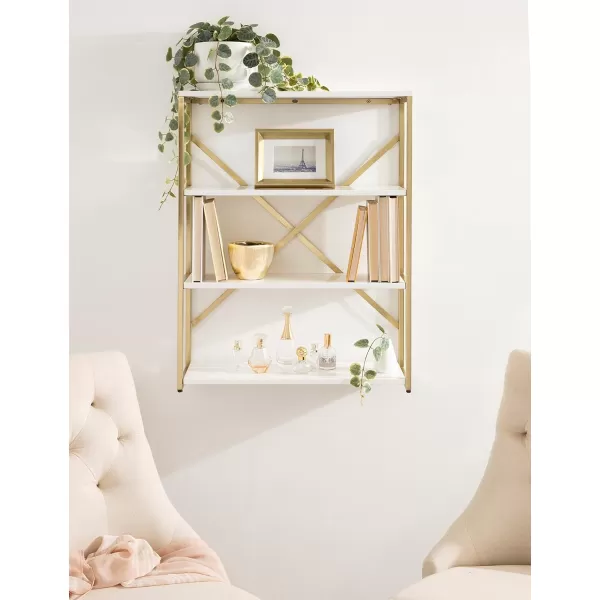 Kate and Laurel Ascott Modern Glam Rectangle Unique Versatile 4Tier Bookshelf for Use as Wall or Floor Shelf Options 24 x 32 White and GoldWhite and Gold