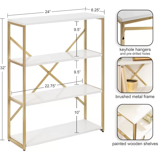 Kate and Laurel Ascott Modern Glam Rectangle Unique Versatile 4Tier Bookshelf for Use as Wall or Floor Shelf Options 24 x 32 White and GoldWhite and Gold