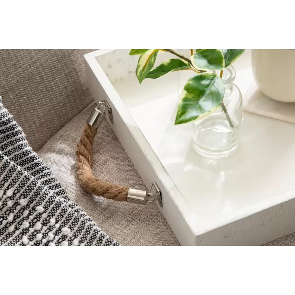 Kate and Laurel Bayville Coastal Farmhouse Wood Tray 10 x 24 White Decorative Wooden Tray with Rope Handles and Rustic Distressed Finish for Serving Storage and DisplayWhite