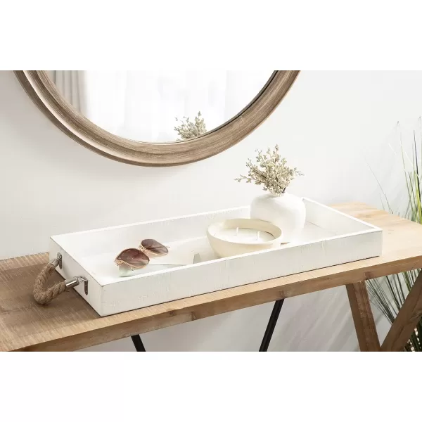 Kate and Laurel Bayville Coastal Farmhouse Wood Tray 10 x 24 White Decorative Wooden Tray with Rope Handles and Rustic Distressed Finish for Serving Storage and DisplayWhite