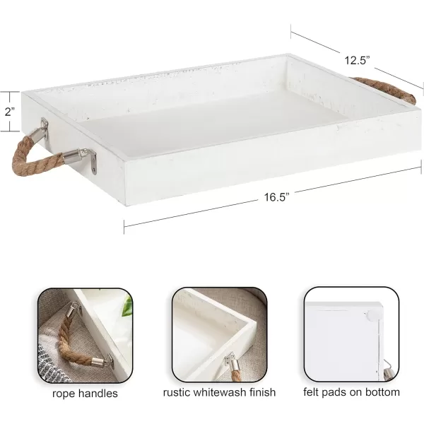 Kate and Laurel Bayville Coastal Farmhouse Wood Tray 10 x 24 White Decorative Wooden Tray with Rope Handles and Rustic Distressed Finish for Serving Storage and DisplayWhite