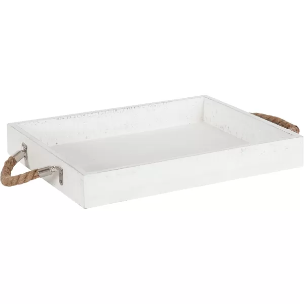 Kate and Laurel Bayville Coastal Farmhouse Wood Tray 10 x 24 White Decorative Wooden Tray with Rope Handles and Rustic Distressed Finish for Serving Storage and DisplayWhite