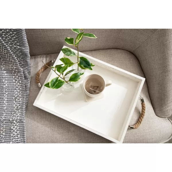 Kate and Laurel Bayville Coastal Farmhouse Wood Tray 10 x 24 White Decorative Wooden Tray with Rope Handles and Rustic Distressed Finish for Serving Storage and DisplayWhite