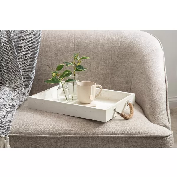 Kate and Laurel Bayville Coastal Farmhouse Wood Tray 10 x 24 White Decorative Wooden Tray with Rope Handles and Rustic Distressed Finish for Serving Storage and DisplayWhite