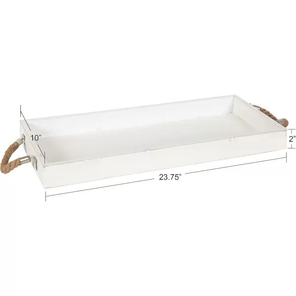 Kate and Laurel Bayville Coastal Farmhouse Wood Tray 10 x 24 White Decorative Wooden Tray with Rope Handles and Rustic Distressed Finish for Serving Storage and DisplayWhite