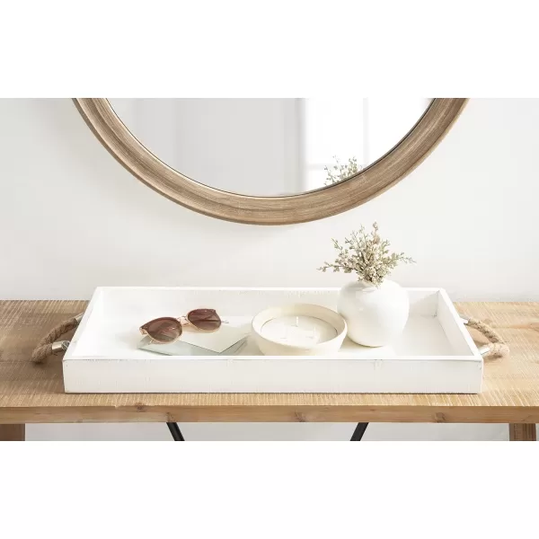 Kate and Laurel Bayville Coastal Farmhouse Wood Tray 10 x 24 White Decorative Wooden Tray with Rope Handles and Rustic Distressed Finish for Serving Storage and DisplayWhite