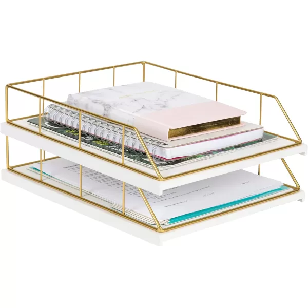 Kate and Laurel Benbrook Stacked Metal and Wood Letter Trays White and GoldWhiteGold