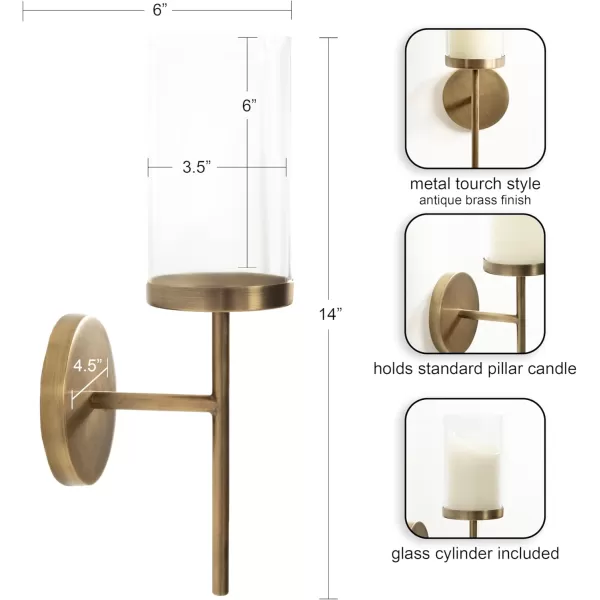 Kate and Laurel Blaise Transitional Metal Wall Sconce 5 x 6 x 14 Antique Brass Modern Round Candle Holder with Removable Glass Cylinder for Flameless CandlesGold