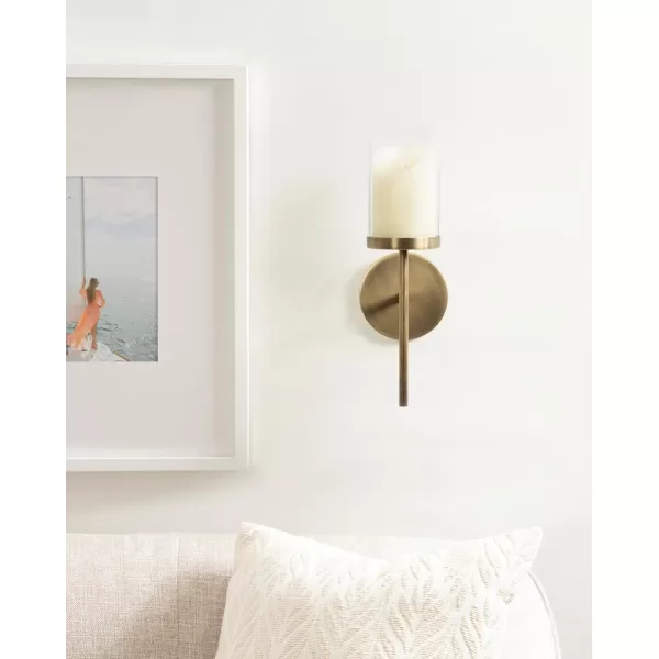 Kate and Laurel Blaise Transitional Metal Wall Sconce 5 x 6 x 14 Antique Brass Modern Round Candle Holder with Removable Glass Cylinder for Flameless CandlesGold