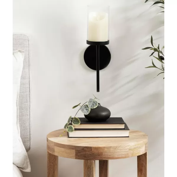 Kate and Laurel Blaise Transitional Metal Wall Sconce 5 x 6 x 14 Antique Brass Modern Round Candle Holder with Removable Glass Cylinder for Flameless CandlesBlack