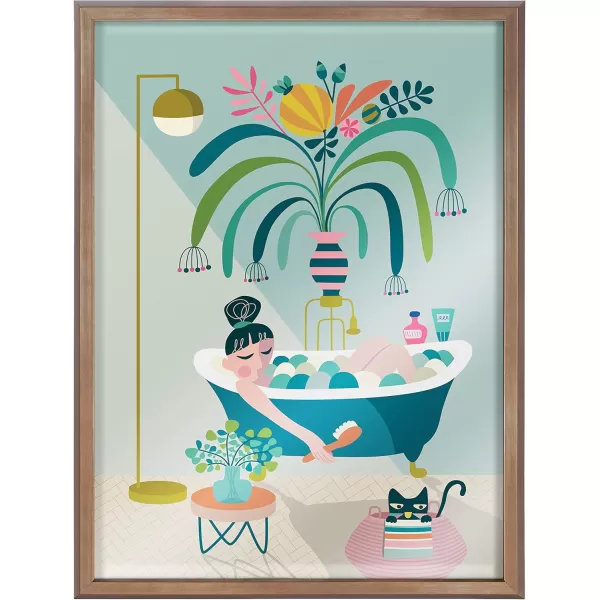 Kate and Laurel Blake Time to Relax Framed Printed Glass Wall Art by Rachel Lee 18x24 Gold Mid Century Modern Bathroom Art for Wall