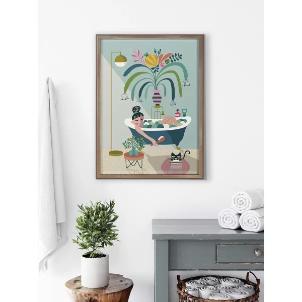 Kate and Laurel Blake Time to Relax Framed Printed Glass Wall Art by Rachel Lee 18x24 Gold Mid Century Modern Bathroom Art for Wall