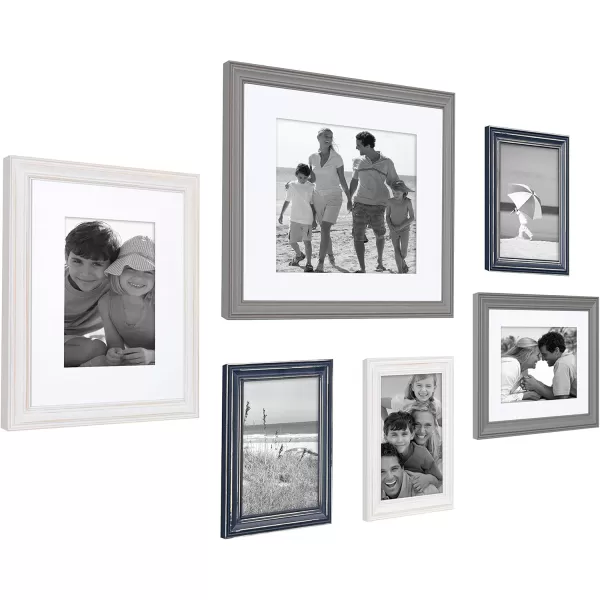 Kate and Laurel Bordeaux Coastal Gallery Frame Wall Kit Set of 6 with Assorted Size Frames Graywash Navy Blue Distressed WhiteMultiBlue