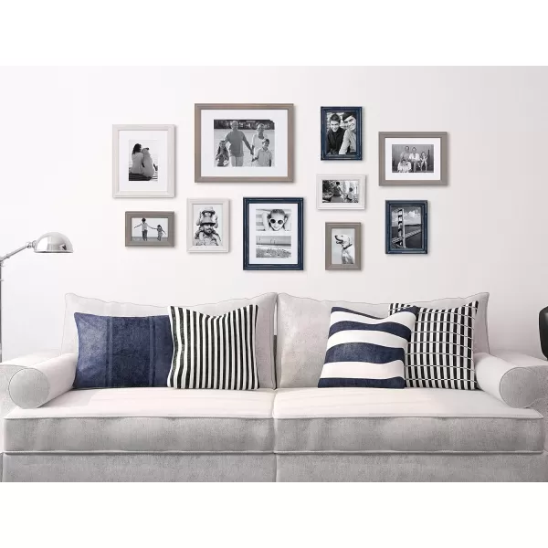 Kate and Laurel Bordeaux Coastal Gallery Wall Kit Set of 10 with Assorted Size Frames in 3 Different Finishes White Blue and GrayMultiBlue