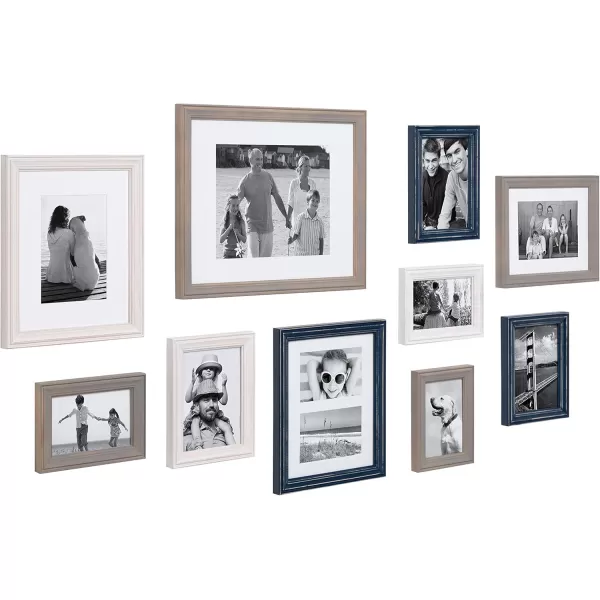 Kate and Laurel Bordeaux Coastal Gallery Wall Kit Set of 10 with Assorted Size Frames in 3 Different Finishes White Blue and GrayMultiBlue