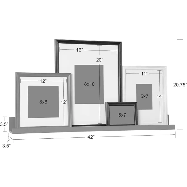 Kate and Laurel Bordeaux Gallery Floating Shelf and Wall Frame Kit Set of 5 Multiple Finishes Assorted Size Wooden Frames and Display ShelfMultiGray