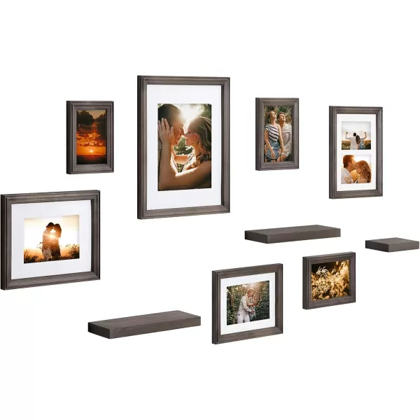 Kate and Laurel Bordeaux Gallery Wall Frame and Shelf Kit Set of 10 Natural Assorted Size Frames with Wood Finish and Three Display Shelves IncludedGrey
