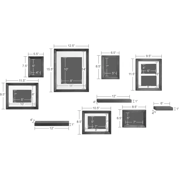 Kate and Laurel Bordeaux Gallery Wall Frame and Shelf Kit Set of 10 Natural Assorted Size Frames with Wood Finish and Three Display Shelves IncludedMultiBlack