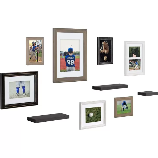 Kate and Laurel Bordeaux Gallery Wall Frame and Shelf Kit Set of 10 Natural Assorted Size Frames with Wood Finish and Three Display Shelves IncludedMultiBlack