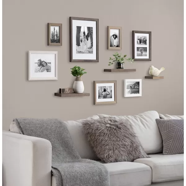 Kate and Laurel Bordeaux Gallery Wall Frame and Shelf Kit Set of 10 Natural Assorted Size Frames with Wood Finish and Three Display Shelves IncludedMultiGray