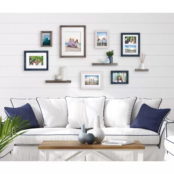 Kate and Laurel Bordeaux Gallery Wall Frame and Shelf Kit Set of 10 Natural Assorted Size Frames with Wood Finish and Three Display Shelves IncludedMultiBlue