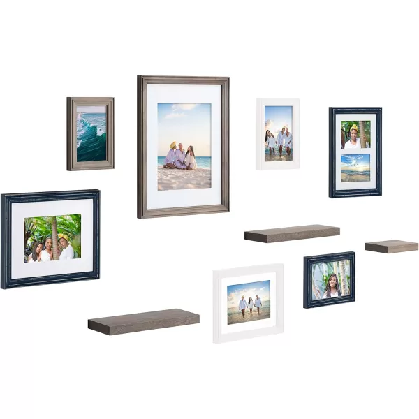 Kate and Laurel Bordeaux Gallery Wall Frame and Shelf Kit Set of 10 Natural Assorted Size Frames with Wood Finish and Three Display Shelves IncludedMultiBlue
