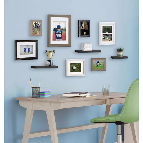 Kate and Laurel Bordeaux Gallery Wall Frame and Shelf Kit Set of 10 Natural Assorted Size Frames with Wood Finish and Three Display Shelves IncludedMultiBlack