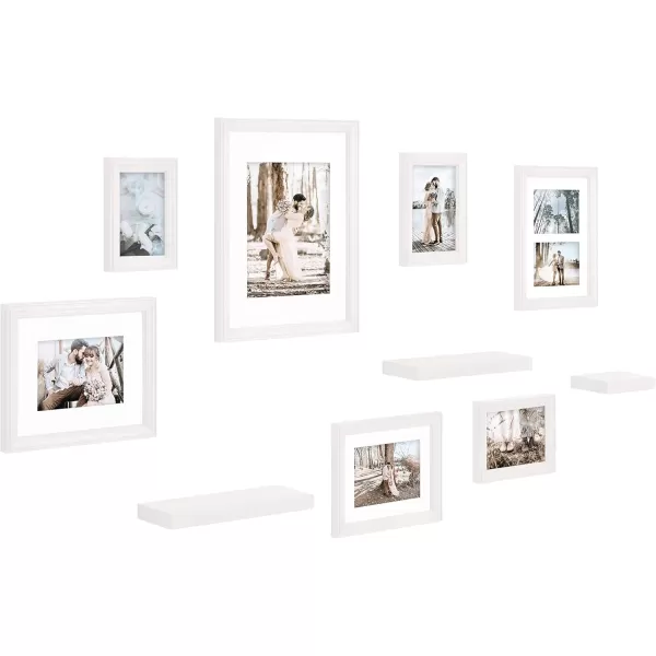 Kate and Laurel Bordeaux Gallery Wall Frame and Shelf Kit Set of 10 Natural Assorted Size Frames with Wood Finish and Three Display Shelves IncludedWhite