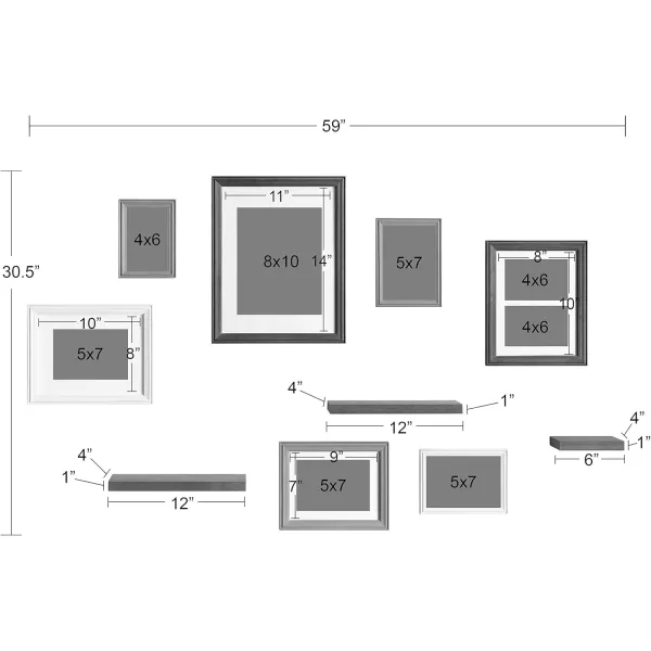 Kate and Laurel Bordeaux Gallery Wall Frame and Shelf Kit Set of 10 Natural Assorted Size Frames with Wood Finish and Three Display Shelves IncludedWhite