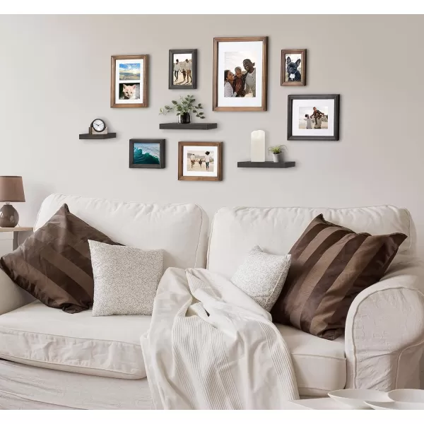 Kate and Laurel Bordeaux Gallery Wall Frame and Shelf Kit Set of 10 Rustic Brown and Charcoal Gray Assorted Size Frames and Three Display ShelvesBrownGray