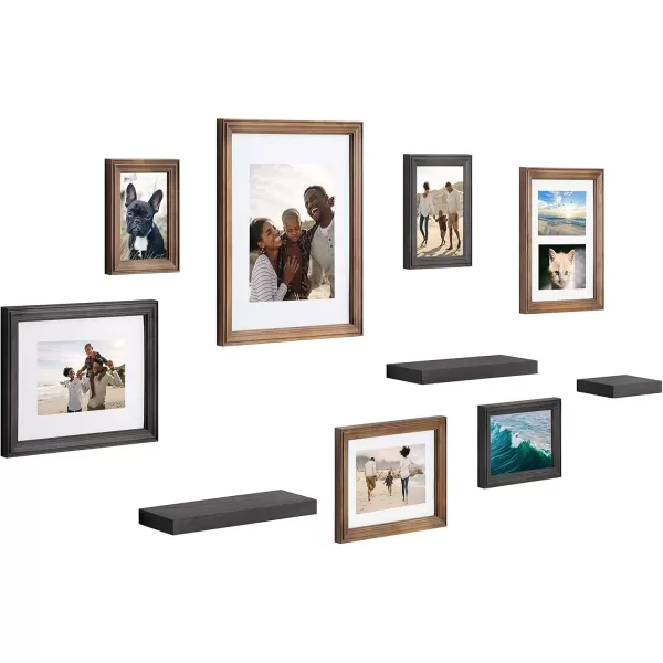 Kate and Laurel Bordeaux Gallery Wall Frame and Shelf Kit Set of 10 Rustic Brown and Charcoal Gray Assorted Size Frames and Three Display ShelvesBrownGray