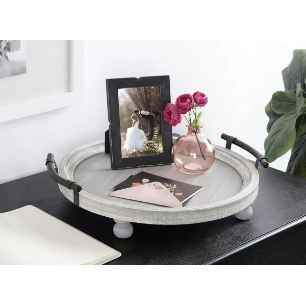Kate and Laurel Bruillet Round Wooden Footed Tray with Handles 15 inch Diameter Rustic FinishGray